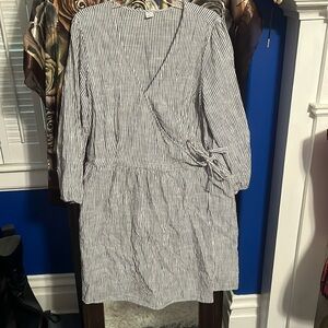 Gray and white striped wrap around dress